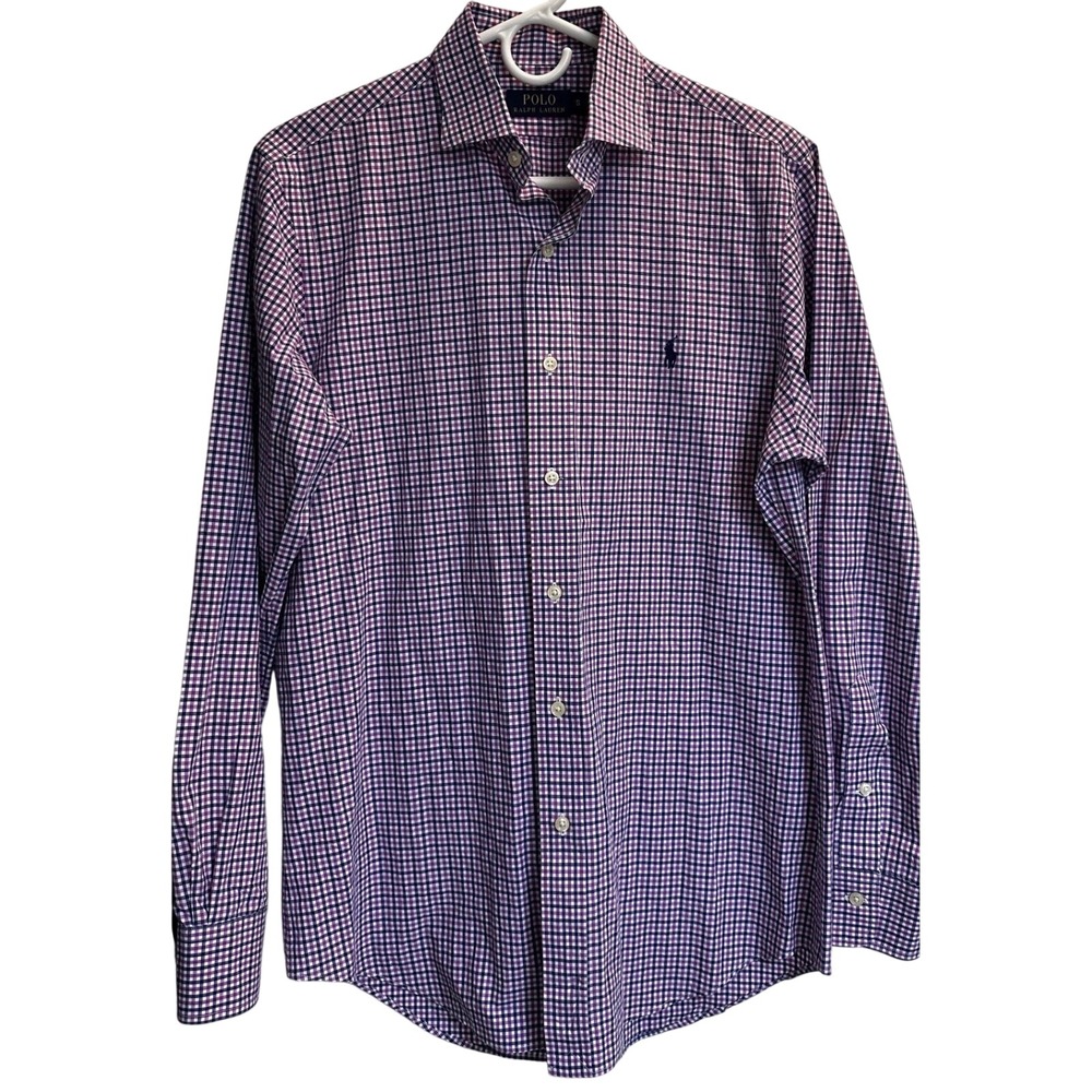 Polo Ralph Lauren Mens Gingham Shirt Purple Navy‎ Blue Check Long Sleeve Small